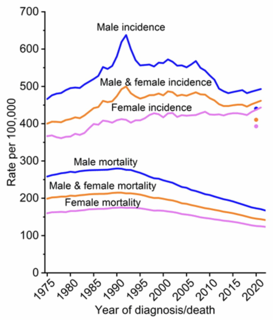 Graph showing three lines for incidence and three lines for mortality on the same axes. The three lines are each male only, total, and female-only. For both incidence and mortality, male-only is significantly higher than female-only.
The x-axis goes from the year 1975 to the year 2011. The y-axis shows the rate per 100,000 people.
The mortality lines have a slow but clear descent from about 1995 to 2021. They are almost parallel.
The male incidence has a big spike up to about 640 per 100,000 people at around 1992, then comes down until about 1995, plateauing until about 2008, then declining to about 2012 and plateauing again.
The female incidence line gradually increases for the whole time period.
